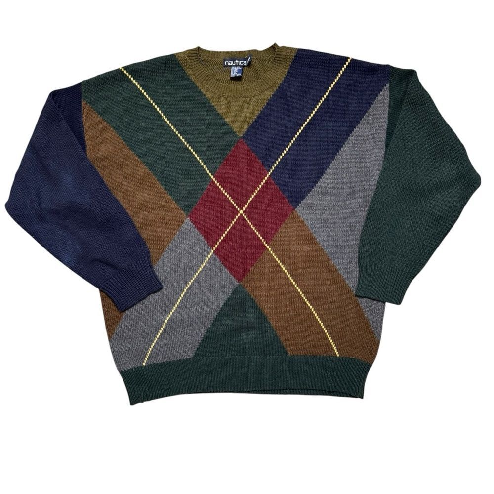 Vintage Argyle Colorblock Multicolor Crewneck Men's Sweater Preppy Retro 2XL